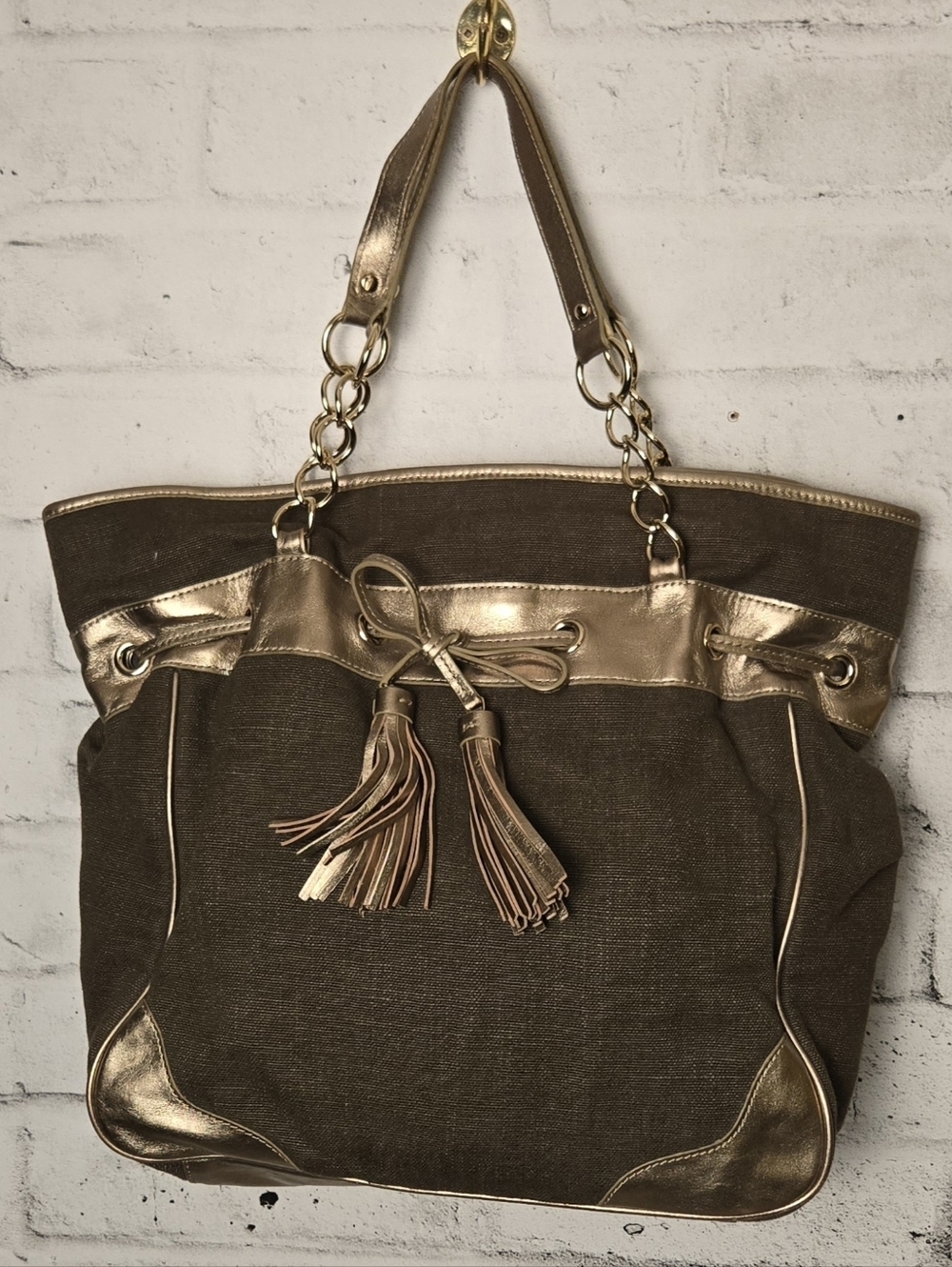 Ann Taylor Brown Canvas Gold Trim Tote Bag Tassel Shoulder